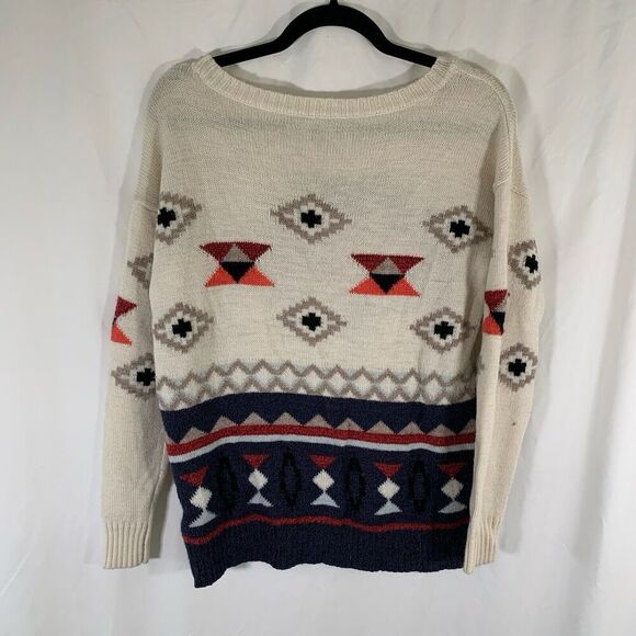 American Eagle Wool Blend Sweater Women's Small Aztec White Blue Knit Pullover - Picture 5 of 7